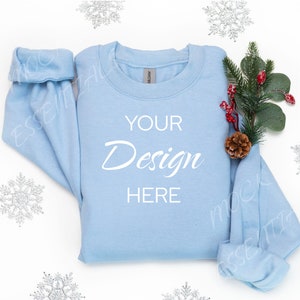 Gildan 18000 Mockup, Flat lay Light Blue Mockup 18000, Christmas Sweatshirt Mockup, Blue Gildan Mock, Folded Flatlay Crewneck Mockup 18000
