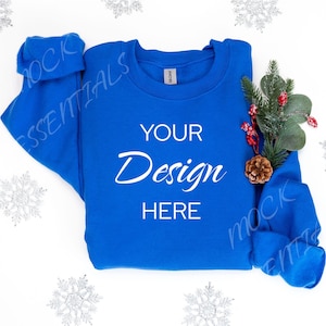Gildan 18000 Mockup, Flat lay Royal Mockup 18000, Christmas Sweatshirt Mockup, Blue Gildan Mock, Folded Flatlay Crewneck Blue Mockup 18000
