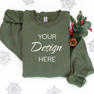 Gildan 18000 Mockup, Flat lay Military Green Mockup 18000, Christmas Sweatshirt Mockup, Green Gildan Mock, Folded Flatlay Crewneck Mockup