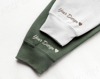 Gildan 18000 Sleeve Couple Sweatshirt, White And Military Green Sleeve Sweater Mock Up, Mr Mrs Wedding Sleeve Mockup, 185000 White And Green