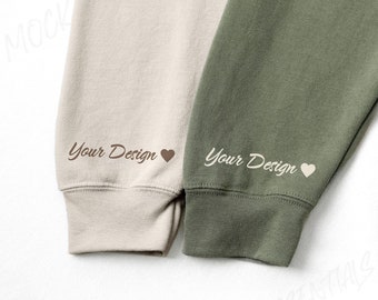 Gildan 18000 Sleeve Sweatshirt Mockup, Sand And Military Green Sleeve Sweater Mock Up, Sleeve Mockup, Sand And Green Mockup, Wrist Mockup