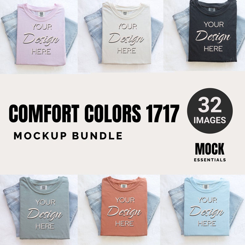 May include: A mockup bundle of 32 images featuring folded t-shirts in various colors. The t-shirts are laid flat on a white surface with a pair of blue jeans folded on top of each shirt. The text "YOUR DESIGN HERE" is printed on each shirt.