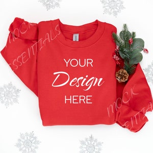 Gildan 18000 Mockup, Flat lay Red Mockup 18000, Christmas Sweatshirt Mockup, Red Gildan Mock, Folded Flatlay Crewneck Red Mockup 18000