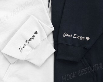 Gildan 18500 Sleeve Couple Hoodie, White And Black Sleeve MockUp, Sweater Mr Mrs Wedding, Valentines Day Sleeve Mockup, Matching Hoodie Mock