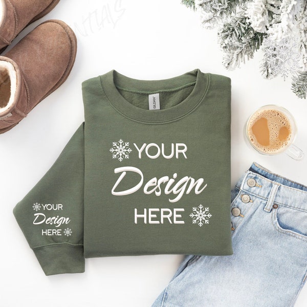 Gildan 18000 Military Green Mockup, Christmas Sleeve 18000, Gilden Xmas Sweater, Flat Lay Mock, Crewneck Green Mocks, Holiday Sweatshirt