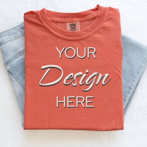 Bright Salmon Comfort Colors C1717 Mockup Flat Lay, Orange Tshirt Mock-up, Folded Shirt Mock, Simple Comfort Colors Mocks, Folded Flat Mock