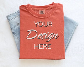 Bright Salmon Comfort Colors C1717 Mockup Flat Lay, Maqueta de camiseta naranja, Mock de camisa doblada, Mocks de colores de confort simples, Mock plano plegado