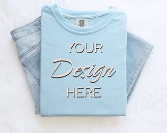 Chambray Comfort Colors C1717 Mockup Flat Lay, Blue Tshirt Mock-up, Folded Shirt Mock, Simple Comfort Colors Mocks, Folded Flatlay Mockup