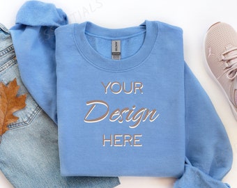 Gildan 18000 Mockup, Flat lay Carolina Blue Mockup 18000, Fall Sweatshirt Mockup, Gildan Mock Autumn, Folded Flatlay Crewneck Mockup 18000