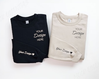Sleeve Mockup Gildan Sand And Black 18000 Couple Mockup Mr Mrs Wedding Mockup Gildan Sweatshirt 18000 Folded Sweatshirt Mock up Flat lay