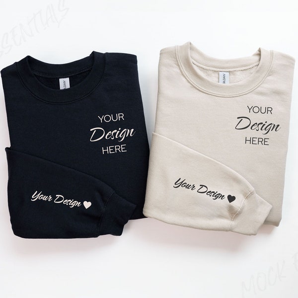 Sleeve Mockup Gildan Sand And Black 18000 Couple Mockup Mr Mrs Wedding Mockup Gildan Sweatshirt 18000 Folded Sweatshirt Mock up Flat lay