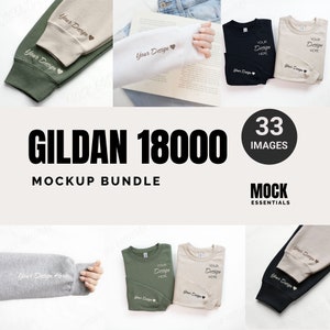 May include: A mockup bundle of 33 Gildan 18000 long-sleeved shirts in various colours, including white, black, green, and beige. The shirts are folded and displayed on a white background. The text "GILDAN 18000 MOCKUP BUNDLE" and "33 IMAGES" is visible in the image.