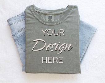Sandstone Comfort Colors C1717 Mockup Flat Lay, Green Tshirt Mock-up, Folded Shirt Mock, Simple Comfort Colors Mocks, Folded Flatlay Mockup