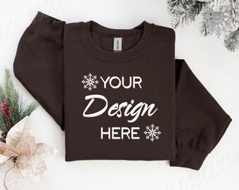 Gildan 18000 Maqueta de chocolate oscuro, Navidad 18000, Suéter de Navidad Gilden, Mock Flat Lay, Crewneck Brown Mocks 18000, Sudadera navideña