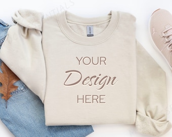 Gildan 18000 Mockup, Flat lay Sand Mockup 18000, Fall Sweatshirt Mockup, Sand Gildan Mock Autumn, Folded Flatlay Crewneck Beige Mockup 18000