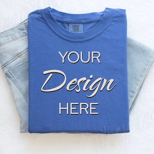 Flo Blue Comfort Colors C1717 Mockup Flat Lay, Blue Tshirt Mock-up, Folded Shirt Mock, Simple Comfort Colors Mocks, Folded Flatlay Mockup
