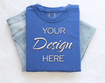 Flo Blue Comfort Colors C1717 Mockup Flat Lay, Blue Tshirt Mock-up, Folded Shirt Mock, Simple Comfort Colors Mocks, Folded Flatlay Mockup