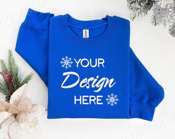 Maqueta Royal Gildan 18000, Navidad 18000, Suéter navideño Gilden, Mock plano, Mocks azules con cuello redondo 18000, Mockup de sudadera navideña, 1800