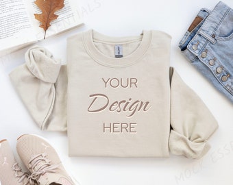 Gildan 18000 Mockup, Flat lay Sand Mockup 18000, Fall Sweatshirt Mockup, Sand Gildan Mock Autumn, Folded Flatlay Crewneck Beige Mockup 18000