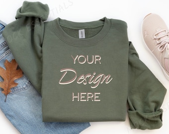 Gildan 18000 Mockup, Flat lay Military Green Mockup 18000, Fall Sweatshirt Mockup, Green Gildan Mock Autumn, Folded Flatlay Crewneck 18000