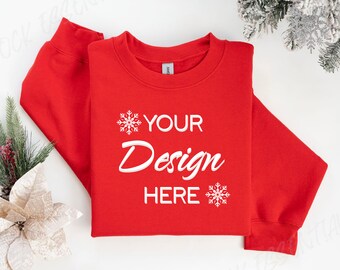 Gildan 18000 Red Mockup, Christmas 18000, Gilden Xmas Sweater, Flat Lay Mock, Crewneck Red Mocks 18000, Holiday Sweatshirt Mockup, 1800