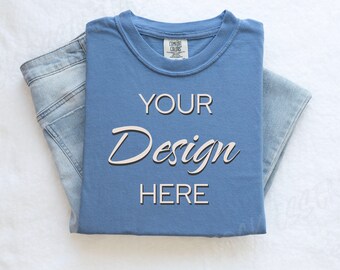 Washed Denim Comfort Colors C1717 Mockup Flat Lay, Blue Tshirt Mock-up, Folded Shirt Mock, Simple Comfort Colors Mocks, Folded Flatlay Mock
