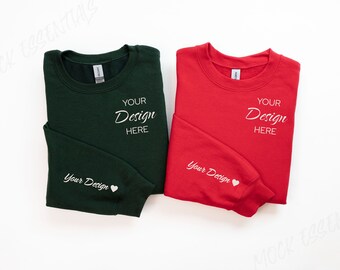 Maqueta de manga Gildan rojo y verde bosque 18000 Maqueta de pareja navideña Mr Mrs Matching Mockup Sudadera Gildan 18000 Sudadera doblada
