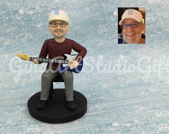 Custom Bobblehead For Man Sits and Plays Guitar, Custom Bobble Head For Dad Love playing Guitar, Guitar Player Figurine, Father's Day Gift