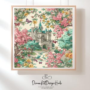 K&ouml;nnte beinhalten: Ein gerahmter Druck mit einer skurrilen Schloss-Szene, umgeben von rosa und gelben Blumen, Schmetterlingen und B&auml;umen. Das Kunstwerk hat eine Vintage-&Auml;sthetik mit einem hellbeigen Hintergrund und einem Holzrahmen. Der Text "Dream Art Design Hub" befindet sich unten.