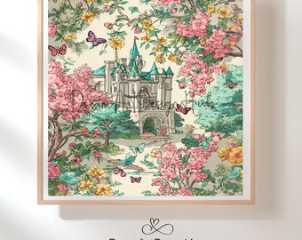 Fairytale Castle Wall Art Print Enchanted Princess Castle with Flowers Butterflies for Nursery