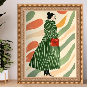 May include: A framed illustration of a woman wearing a green and white striped coat with a red handbag. The background is a colourful abstract pattern.