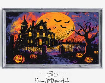 Haunted Halloween House Wall TV Art Spooky Pumpkin Moon Scene with Bats, Gothic Haunted Home Decor for Horror Fans & Halloween Lovers tvart