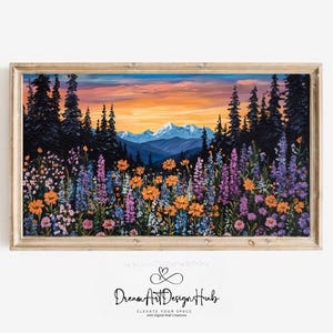 Mountain Wildflower Landscape Art Print, Printable Mountain Landscape Wall Art, Colorful Flower Field Art, Mountain Ranges Painting