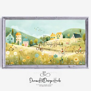 Whimsical Spring Village Wall Art - Colorful Houses & Tulips, Storybook Digital Print for Nursery, Kitchen, Cozy Decor