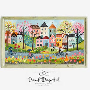 Cute Printable Spring Village Landscape Wall Art Print Farmhouse Kitchen Decor Tulip Flowers Vintage Floral Instant Digital Download