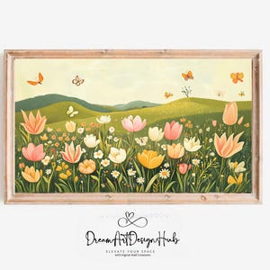 Tulip Garden Spring Village Landscape Wall Art Print Vintage Floral Farmhouse Kitchen Decor Cute Country Flowers Digital Download Printable