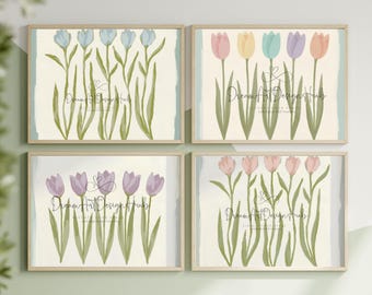 Pastel Tulip Wall Art Set | Botanical Flower Prints, Minimalist Scandinavian Floral Digital Download