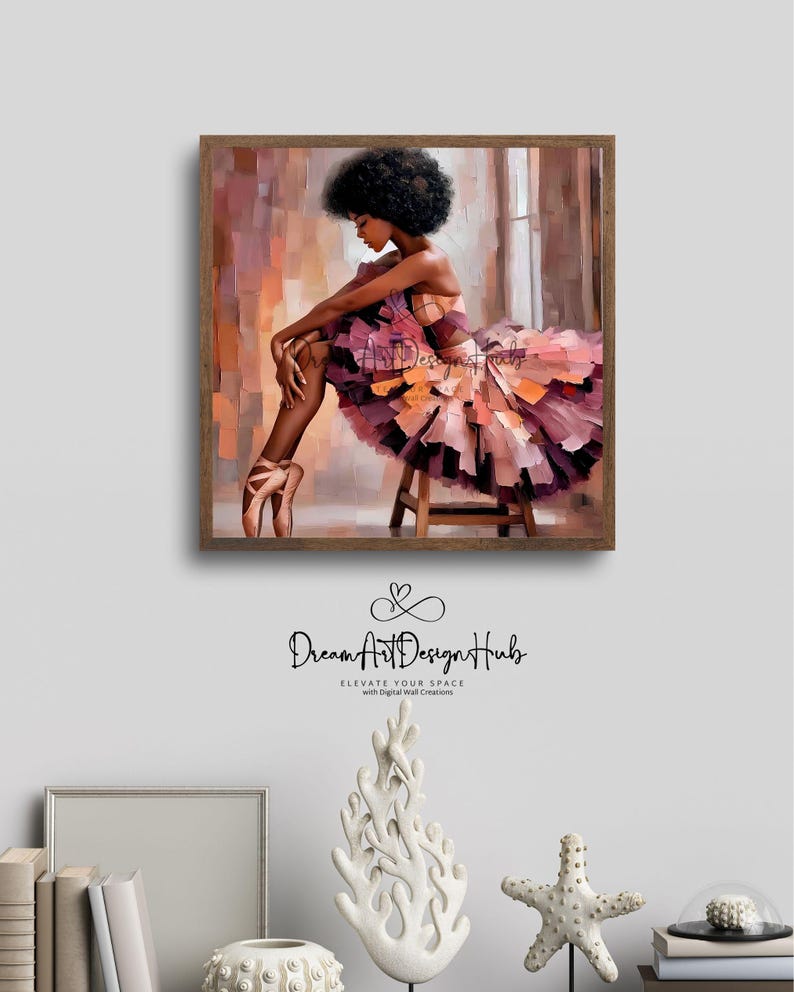 graceful black woman dancer wall art celebrating strength poise and feminine energy, elegant ballet dancer print bringing inspiration and sophistication to bedroom or living room