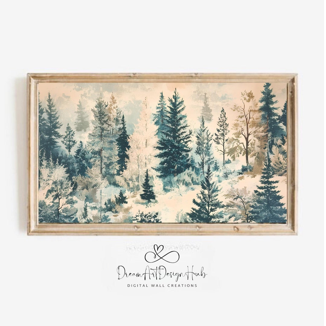 Vintage Winter Pine Forest Print: Snowy Farmhouse Landscape (digital ...