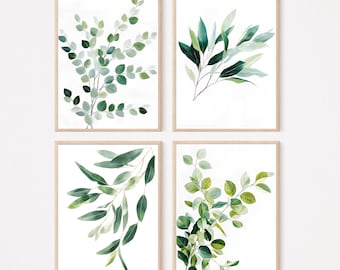 May include: Set of four framed prints featuring watercolor illustrations of green leaves on a white background.