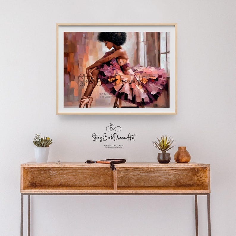 African American ballerina artwork adding beauty and representation to modern home decor, graceful black woman dancer wall art celebrating strength poise and feminine energy