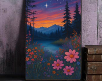 Summer Sunset Flower Garden Print: Boho Landscape Wall Art (Digital Download)