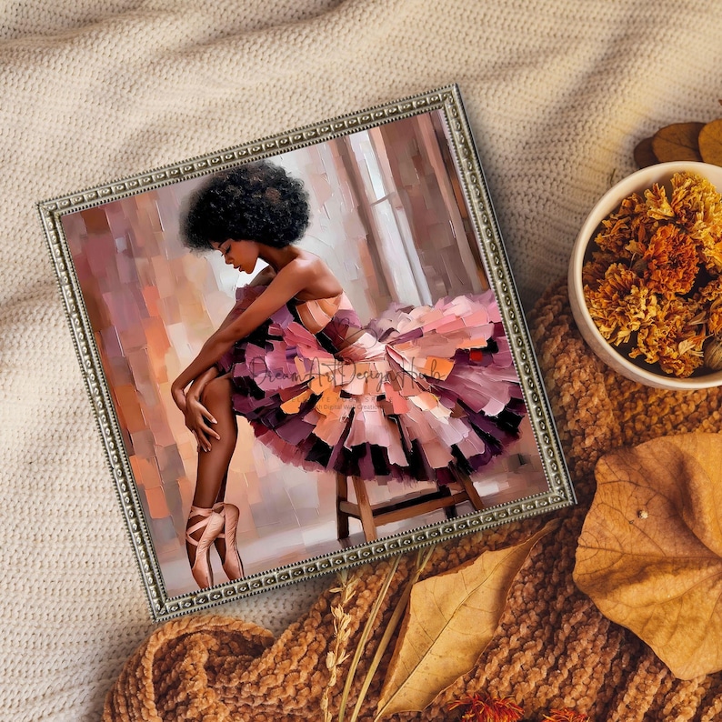 empowering ballerina artwork symbolizing dedication artistry and timeless elegance, black ballerina wall art print showing elegant dancer mid-pose symbolizing grace and empowerment, African American ballerina artwork adding beauty and representation to modern home decor