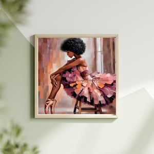 modern black ballerina painting adding warmth and elegance to minimalist interiors, inspiring black girl ballet wall decor perfect for dancer’s studio or little girl’s room