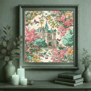 K&ouml;nnte beinhalten: Gerahmtes Kunstwerk mit einer Schlossszene, umgeben von rosa, gelben und blauen Blumen und Schmetterlingen. Das Schloss hat eine graue Fassade mit gr&uuml;nen T&uuml;rmen. Das Kunstwerk befindet sich in einem grauen Rahmen und steht auf einer Holzoberfl&auml;che mit Kerzen und B&uuml;chern.