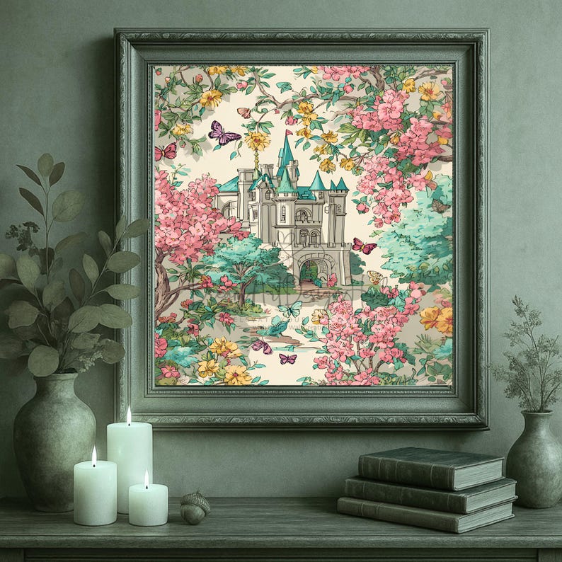 K&ouml;nnte beinhalten: Gerahmtes Kunstwerk mit einer Schlossszene, umgeben von rosa, gelben und blauen Blumen und Schmetterlingen. Das Schloss hat eine graue Fassade mit gr&uuml;nen T&uuml;rmen. Das Kunstwerk befindet sich in einem grauen Rahmen und steht auf einer Holzoberfl&auml;che mit Kerzen und B&uuml;chern.