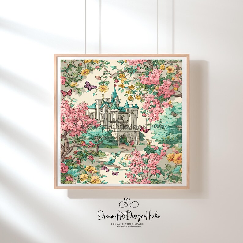 K&ouml;nnte beinhalten: Ein gerahmter Druck mit einer skurrilen Schloss-Szene, umgeben von rosa und gelben Blumen, Schmetterlingen und B&auml;umen. Das Kunstwerk hat eine Vintage-&Auml;sthetik mit einem hellbeigen Hintergrund und einem Holzrahmen. Der Text "Dream Art Design Hub" befindet sich unten.