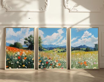 Wildflower Meadow Triptych Print: Cottagecore Farmhouse Wall Art (Digital Download)