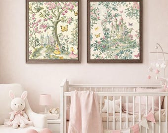 Conjunto de arte de parede de castelo de conto de fadas encantado | Estampas florais vintage de princesa | Decoração criativa para quarto de bebê e meninas