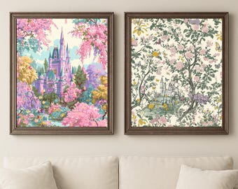 Arte de parede de castelo de conto de fadas mágico | Livro de histórias florais rosa para impressão | Download digital fantástico para decoração de berçário, quarto infantil e sala de jogos